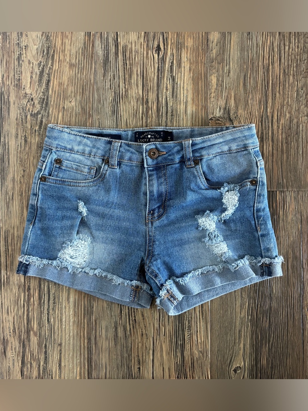Lucky Brand Riley Short Girls 14 Blue Denim Shorts Distressed Cuffed Raw Hem